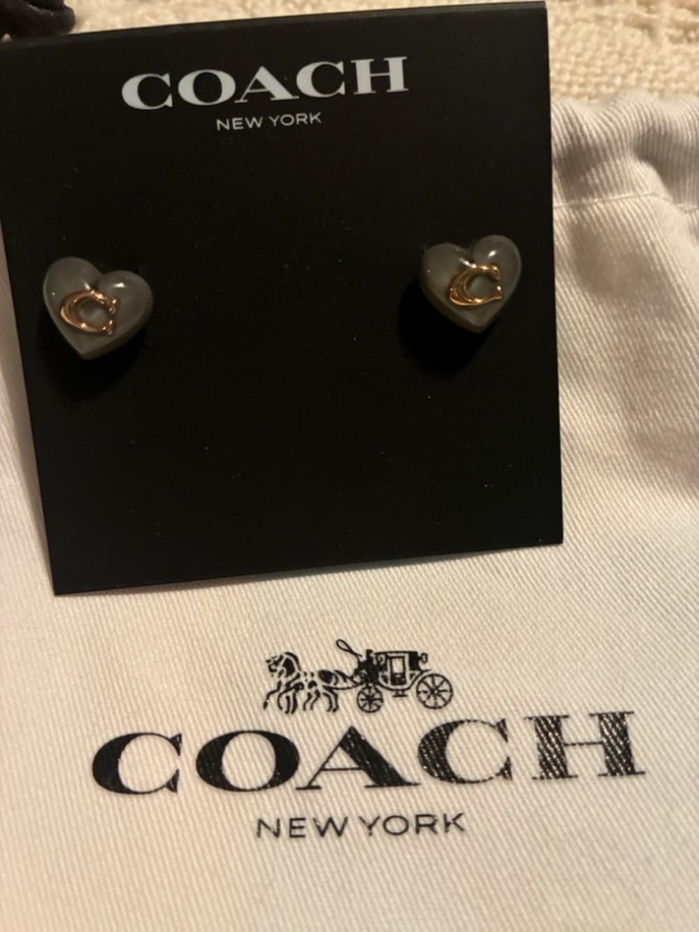 Coach Gray Heart Stud Earrings with Gold C Accent